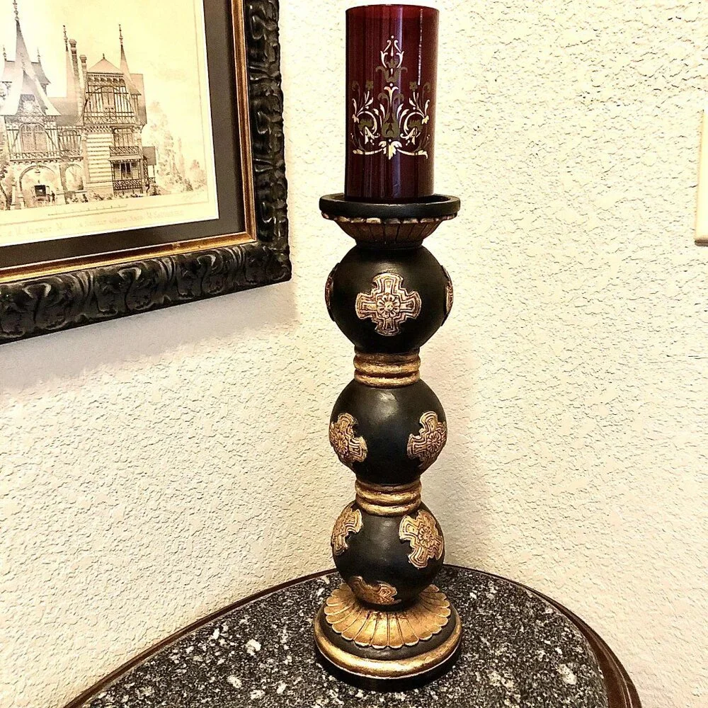 NWT STERLING INDUSTRIES Gothic Black Gilded Celtic Cross Pillar Candle Holder